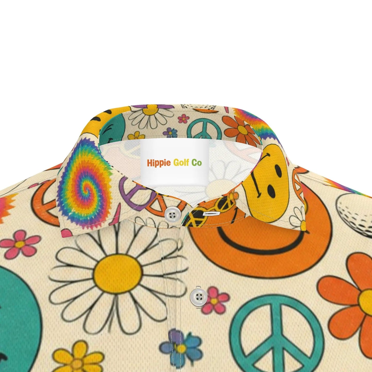 Close-up of fully printed collar and Hippie Golf Co label on polo shirt