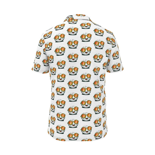 Men's all-over print polo shirt back view featuring smiling golf balls in sunglasses