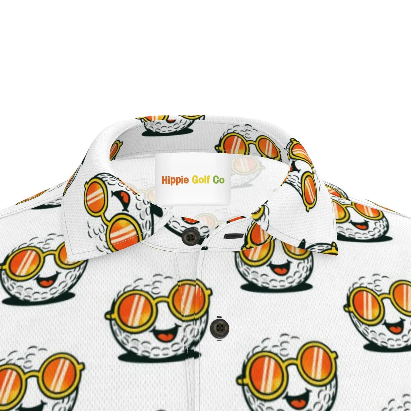 Hippie Golf Co white polo shirt collar detail with cartoon golf ball print and pique knit texture