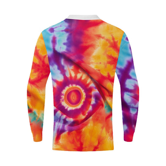A long-sleeve crewneck shirt shown from the back, featuring a vibrant rainbow tie-dye pattern with swirls of orange, yellow, red, purple, blue, and pink on a white background.