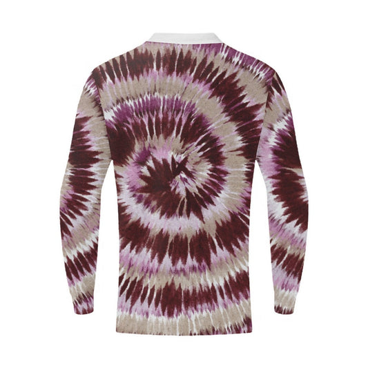 A long-sleeve crewneck shirt with an all-over spiral tie-dye pattern in deep burgundy, lavender purple, and beige, shown against a plain white background.