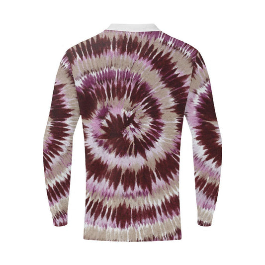 A long-sleeve crewneck shirt with an all-over spiral tie-dye pattern in deep burgundy, lavender purple, and beige, shown against a plain white background.