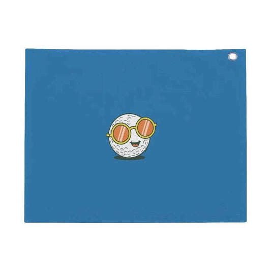 Blue cotton golf towel with retro smiling golf ball design and grommet