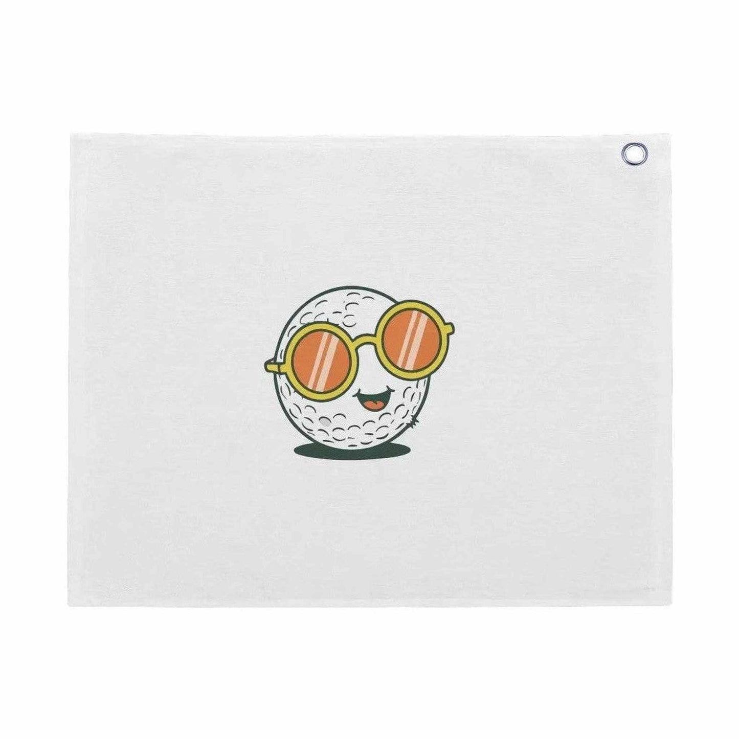 White cotton golf towel with smiling golf ball graphic wearing sunglasses and reinforced grommet