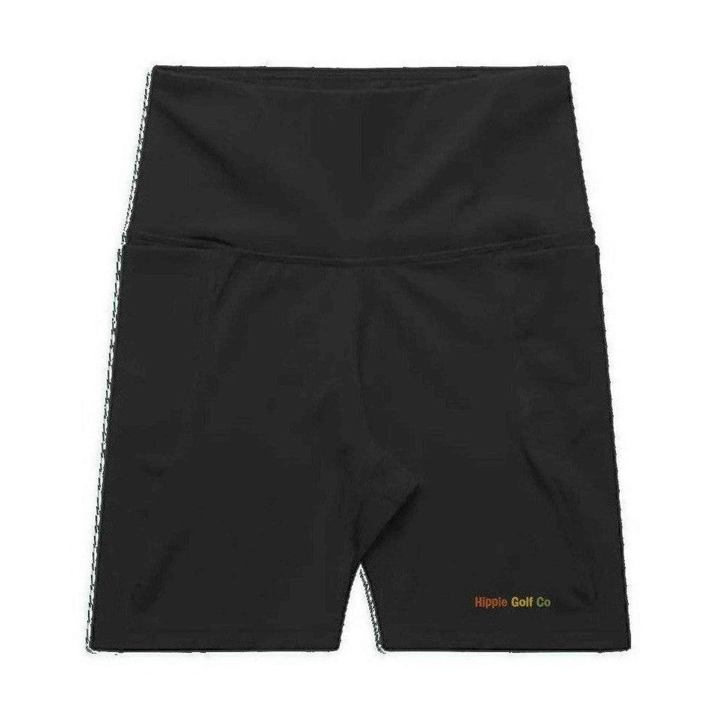 Black high-waisted HGC bike shorts with embroidered Hippie Golf Co logo and matte mid-weight fabric