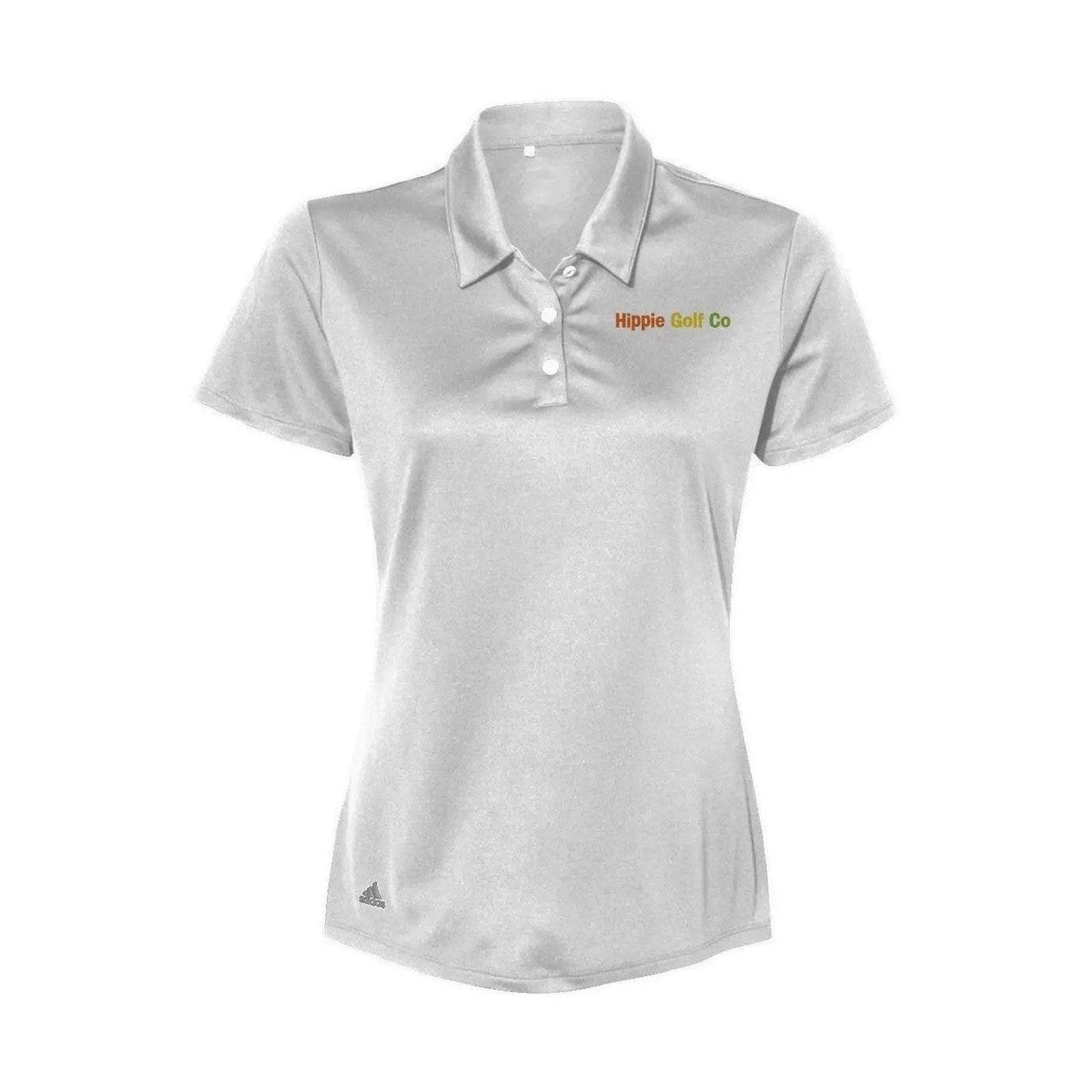 Light gray moisture-wicking women's polo shirt with white buttons and chest logo