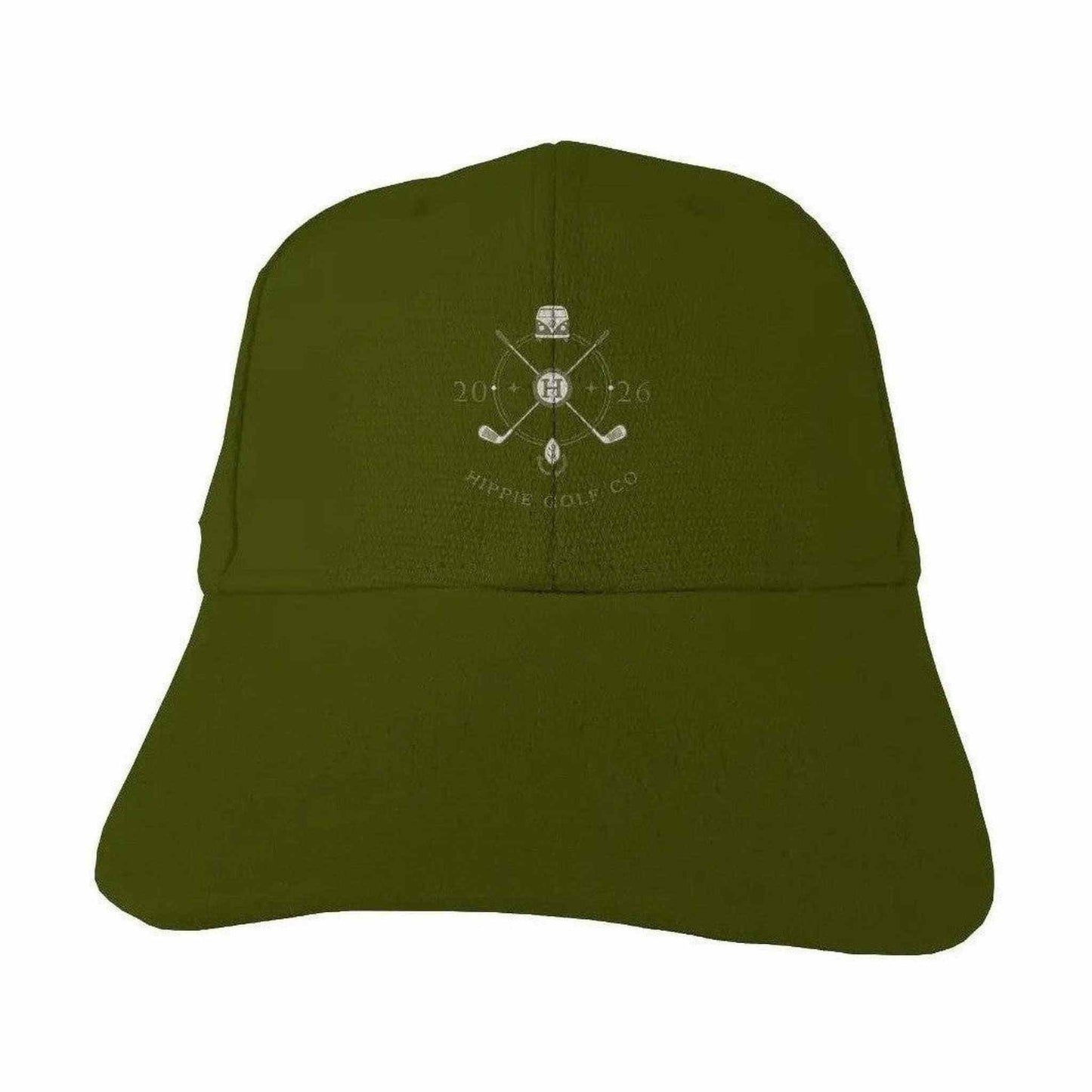 Olive green hemp cotton baseball cap with structured crown and embroidered Hippie Golf Co logo