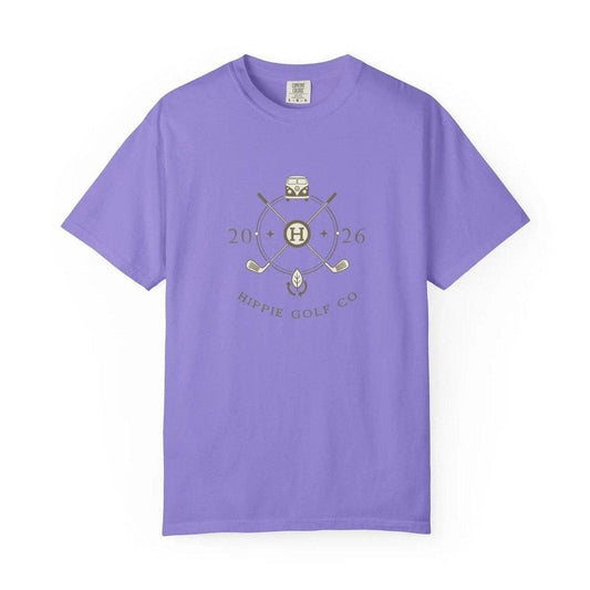 Laid-flat purple Hippie Golf Co t-shirt featuring retro van and golf club design