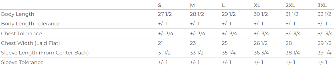 A size chart table showing body measurements for clothing sizes 27 M, L, XL, 2XL, and 3XL, with columns for body length, body length tolerance, chest tolerance, chest width (flat laid), sleeve length, and sleeve tolerance.