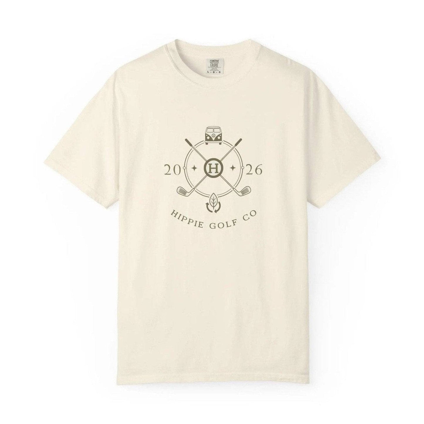 Cream unisex short-sleeve t-shirt with circular vintage van and golf club logo