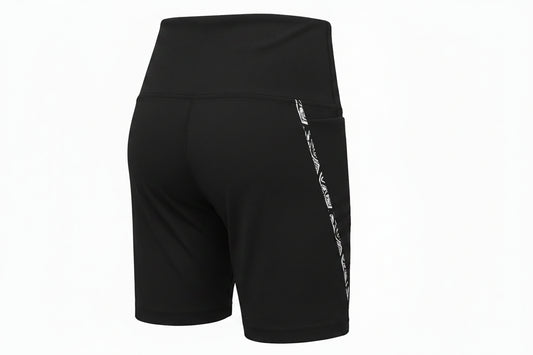 Black athletic shorts with a high-waisted design and a white diagonal logo stripe on the side, shown from the back on a white background.