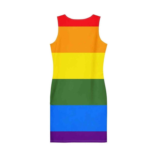 Back view of fitted rainbow stripe bodycon dress with rounded neckline