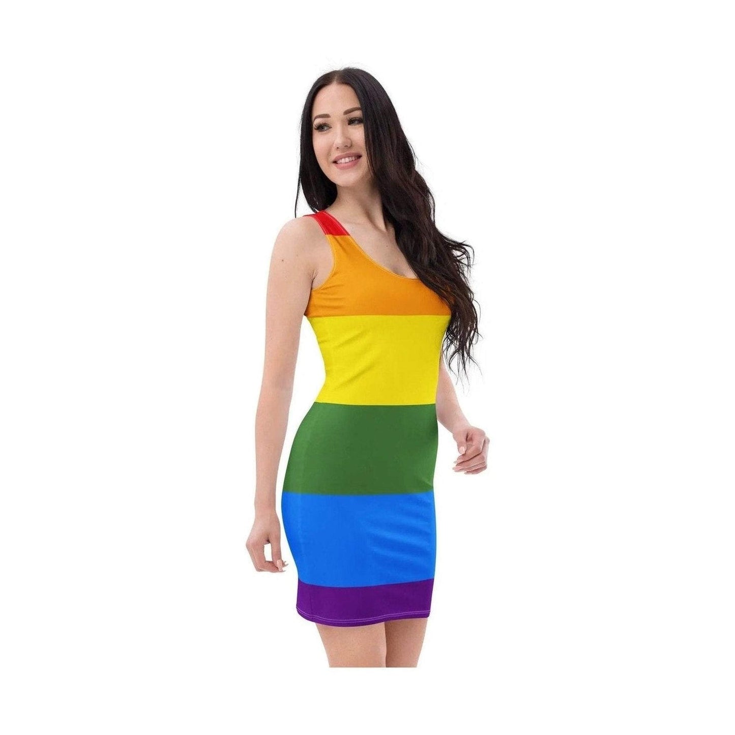 Rainbow striped bodycon dress with scoop neck and four-way stretch