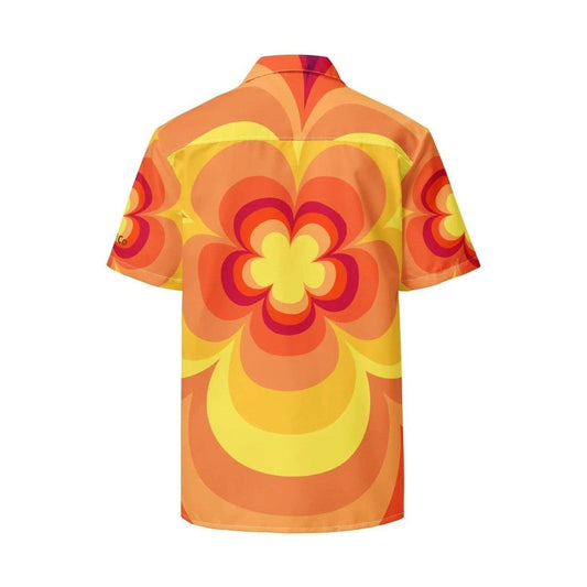 Back view of unisex Sunny Flower Button Shirt with bold bloom print