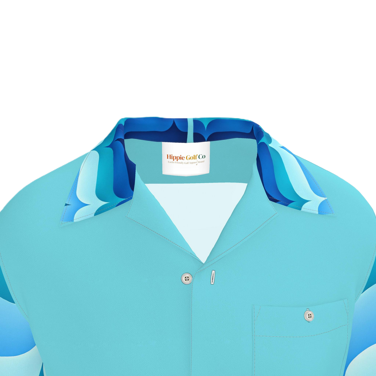 A close-up of a light blue short-sleeve button-up shirt with a patterned collar in shades of blue and teal, featuring a visible 'Hippie Golf Co' neck label.