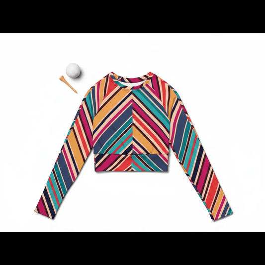 Flat-lay of teal orange pink navy cream striped recycled polyester long-sleeve crop top with double-layer waistband