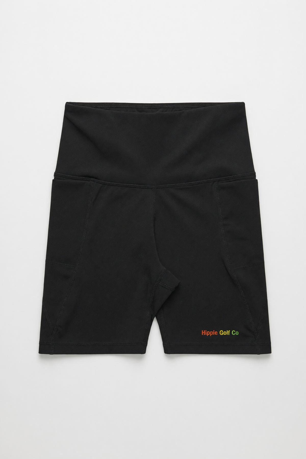 Black high-waisted bike shorts with a small yellow and green 'Hip Hop Golf Co.' logo on the lower left leg, displayed flat against a light gray background.