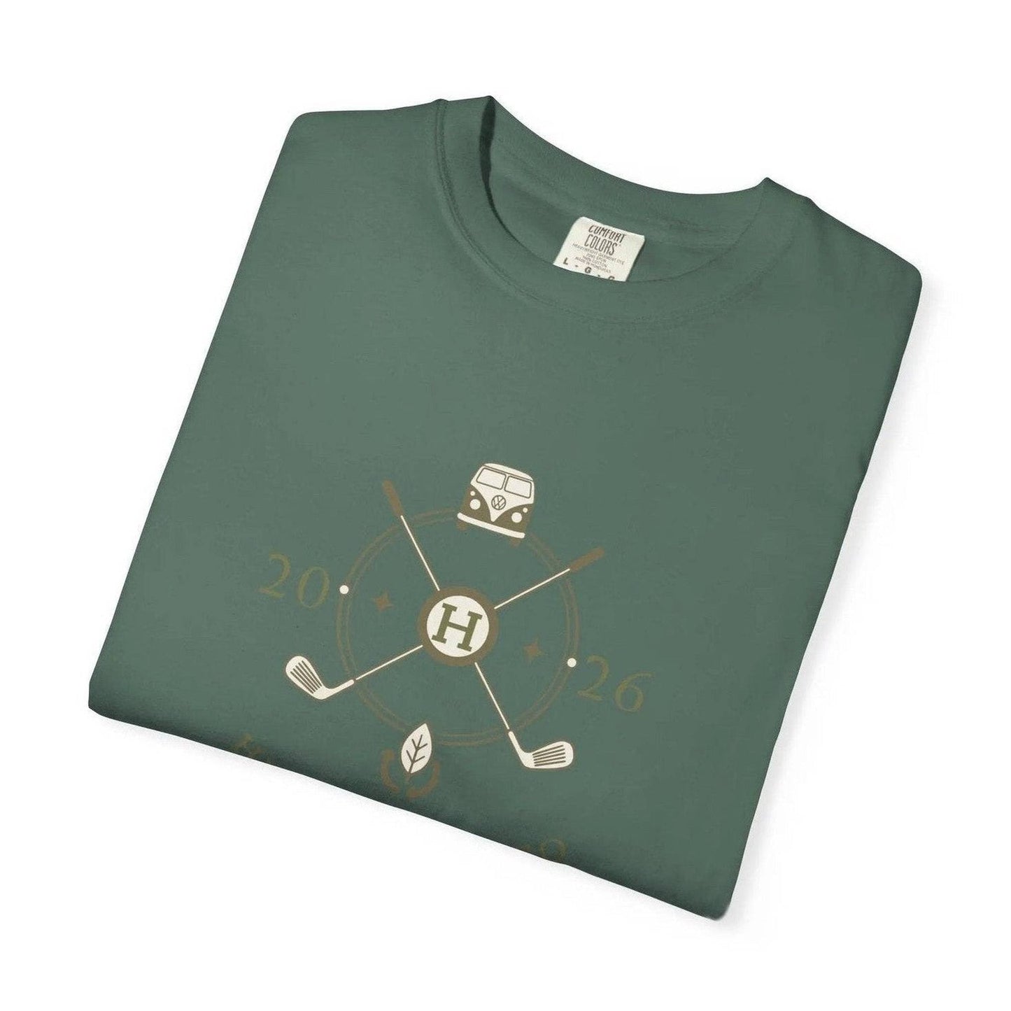 Folded olive green unisex tee with vintage van and crossed golf clubs emblem