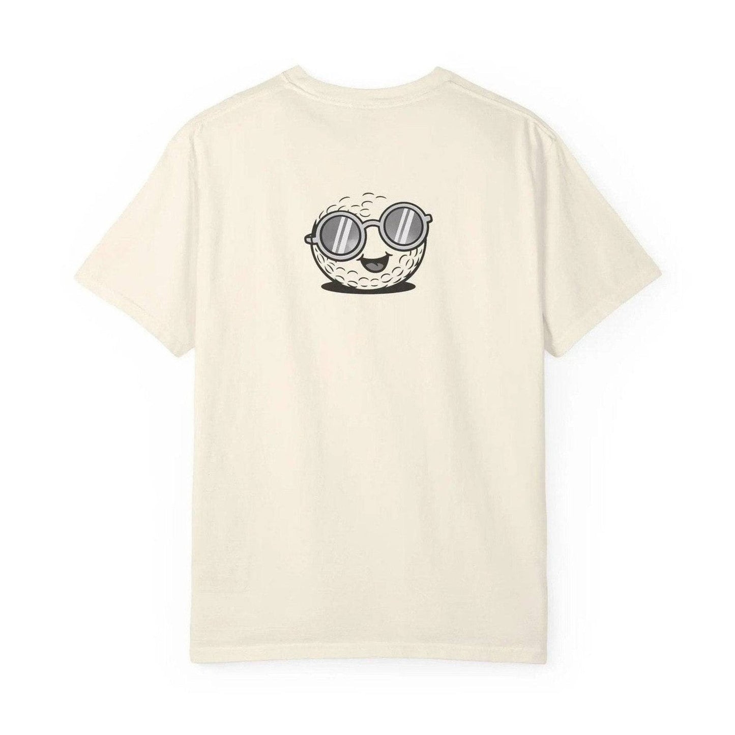 Cream unisex t-shirt back view with centered cartoon golf ball wearing sunglasses