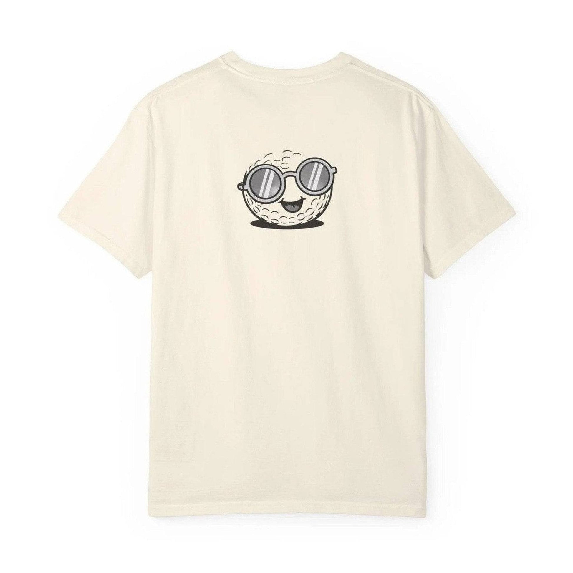 Cream unisex t-shirt back view with centered cartoon golf ball wearing sunglasses
