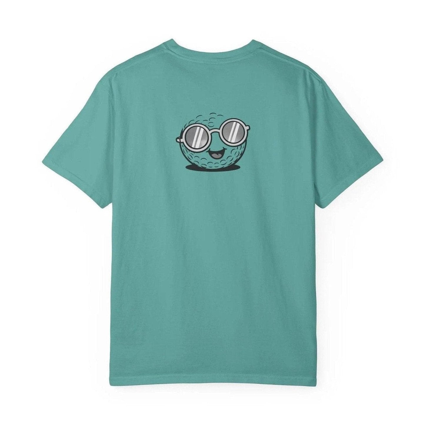 Back view of teal unisex tee featuring smiling golf ball character with sunglasses