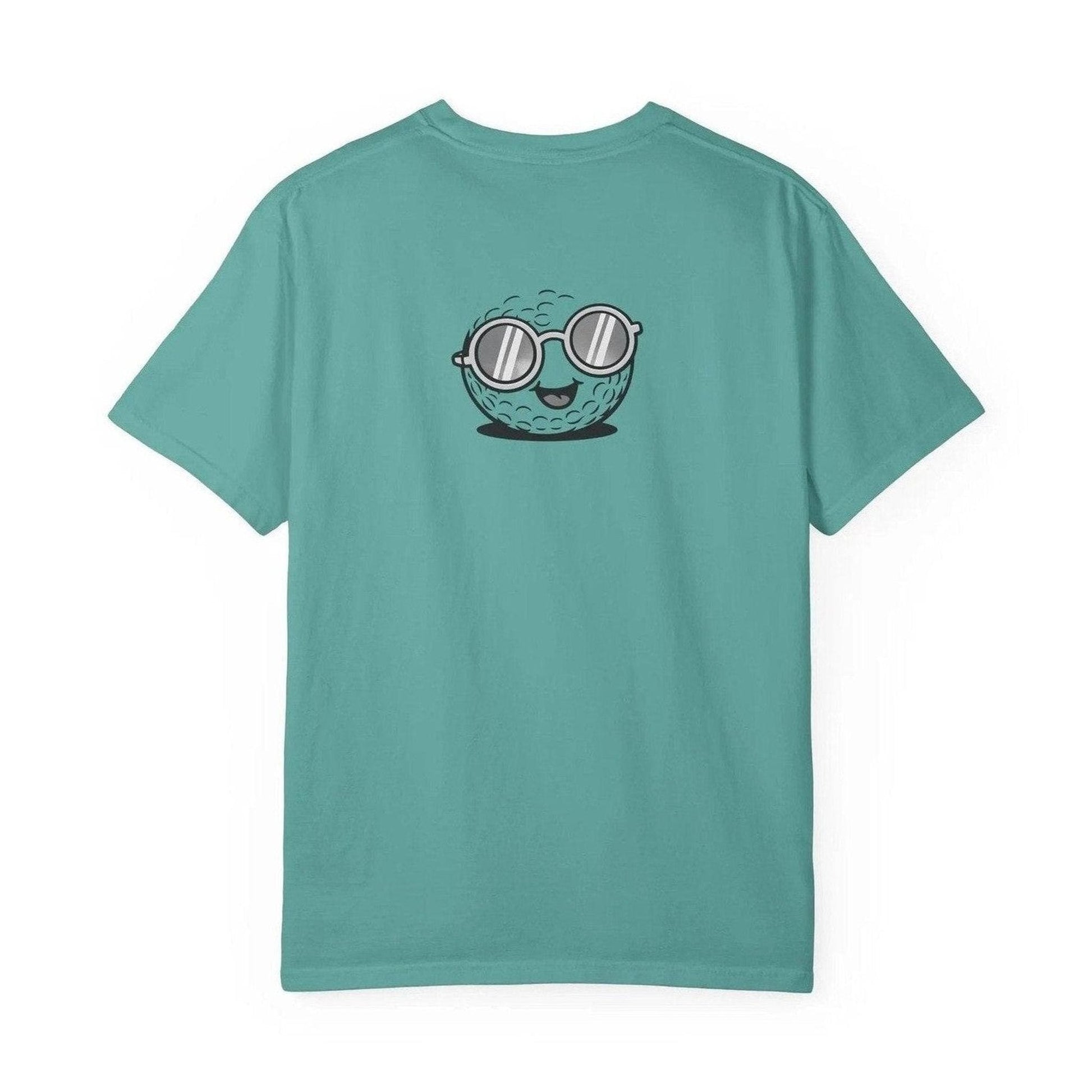 Back view of teal unisex tee featuring smiling golf ball character with sunglasses