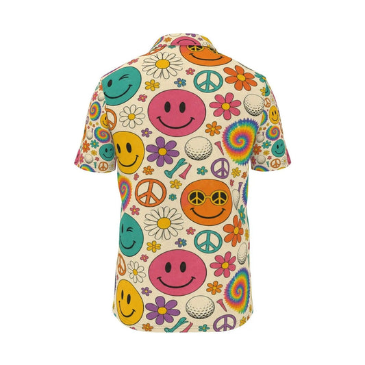 Back view of cream Peace Fairway Polo with retro smiley and peace sign print