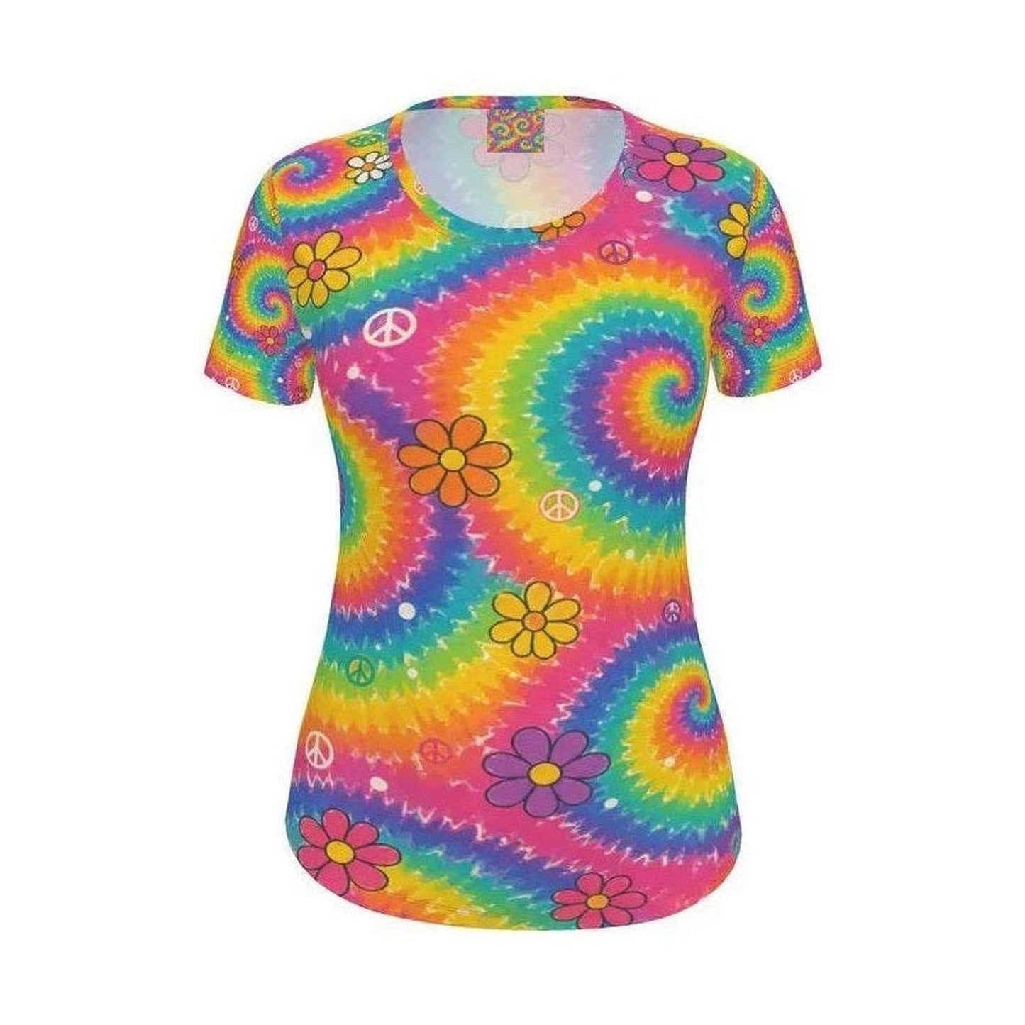 Front view of women's bold rainbow swirl t-shirt with daisy print