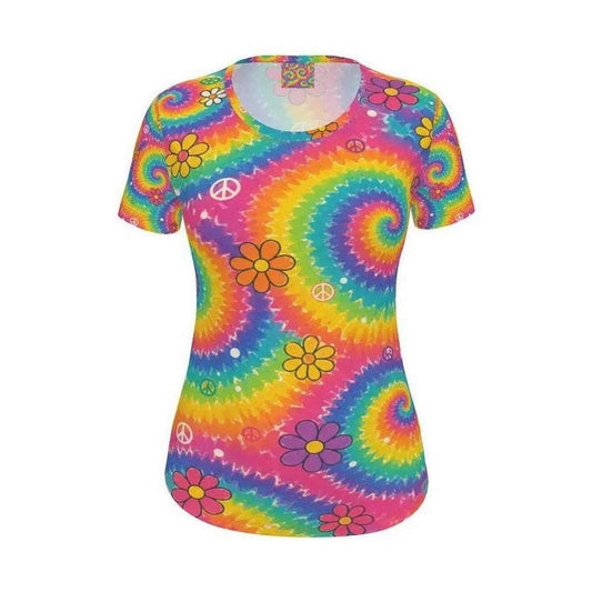 Front view of women's bold rainbow swirl t-shirt with daisy print