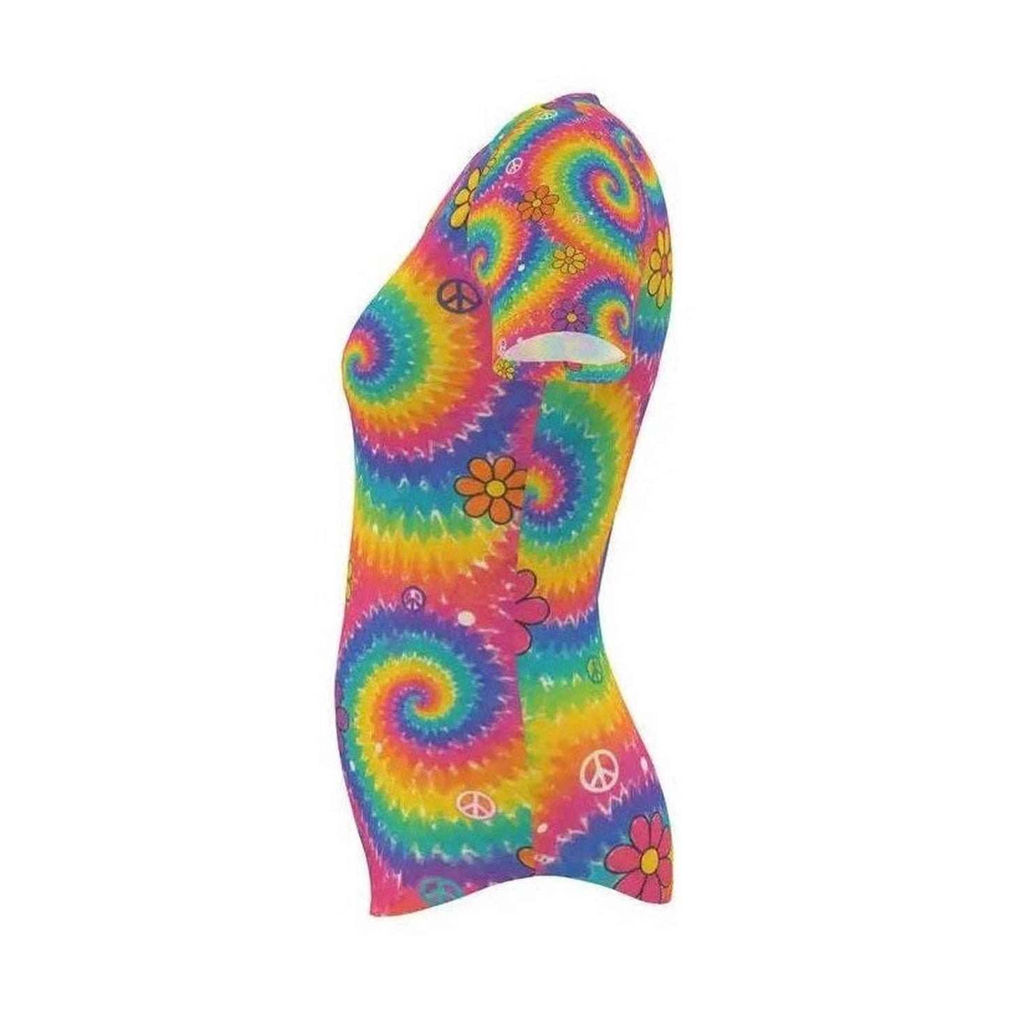 Women's trippy swirl t-shirt with rainbow tie-dye, daisies and peace symbols