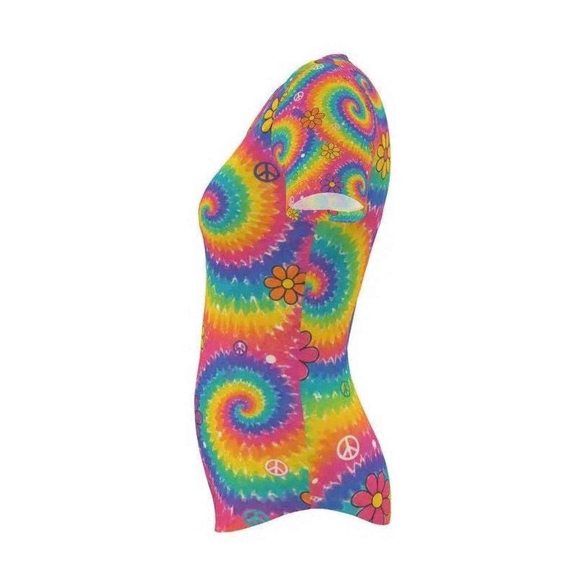 Women's trippy swirl t-shirt with rainbow tie-dye, daisies and peace symbols