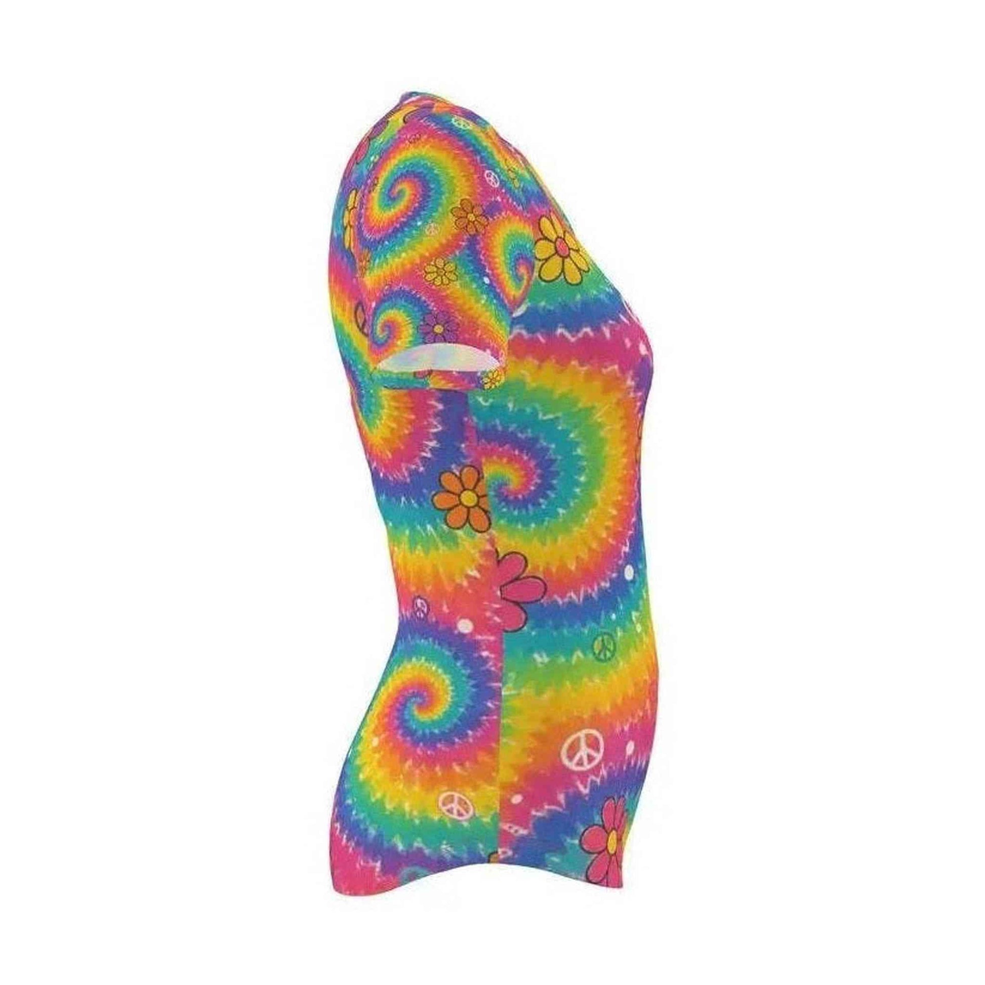 Fitted women's tie-dye swirl tee showing spiral motifs and curved hem