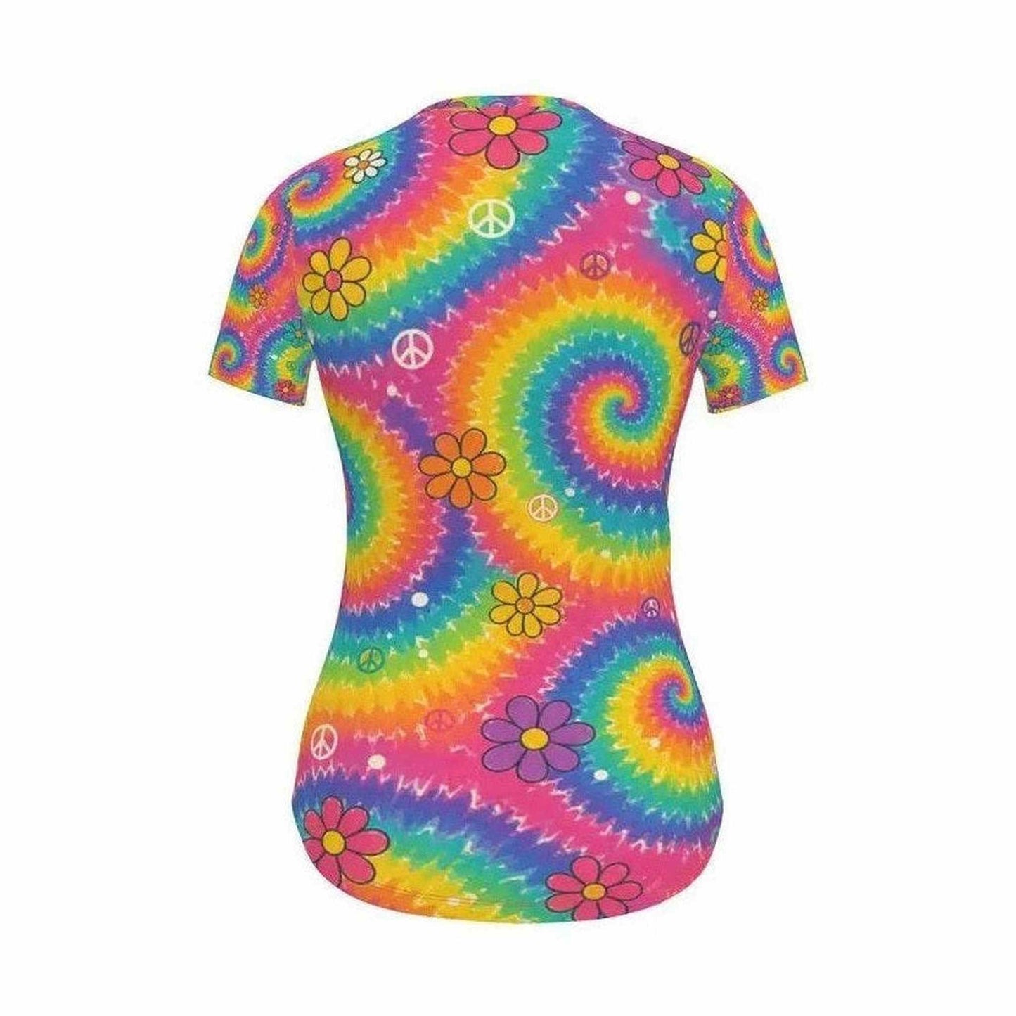 Back view of women's form-fitting tie-dye swirl tee with concentric spirals