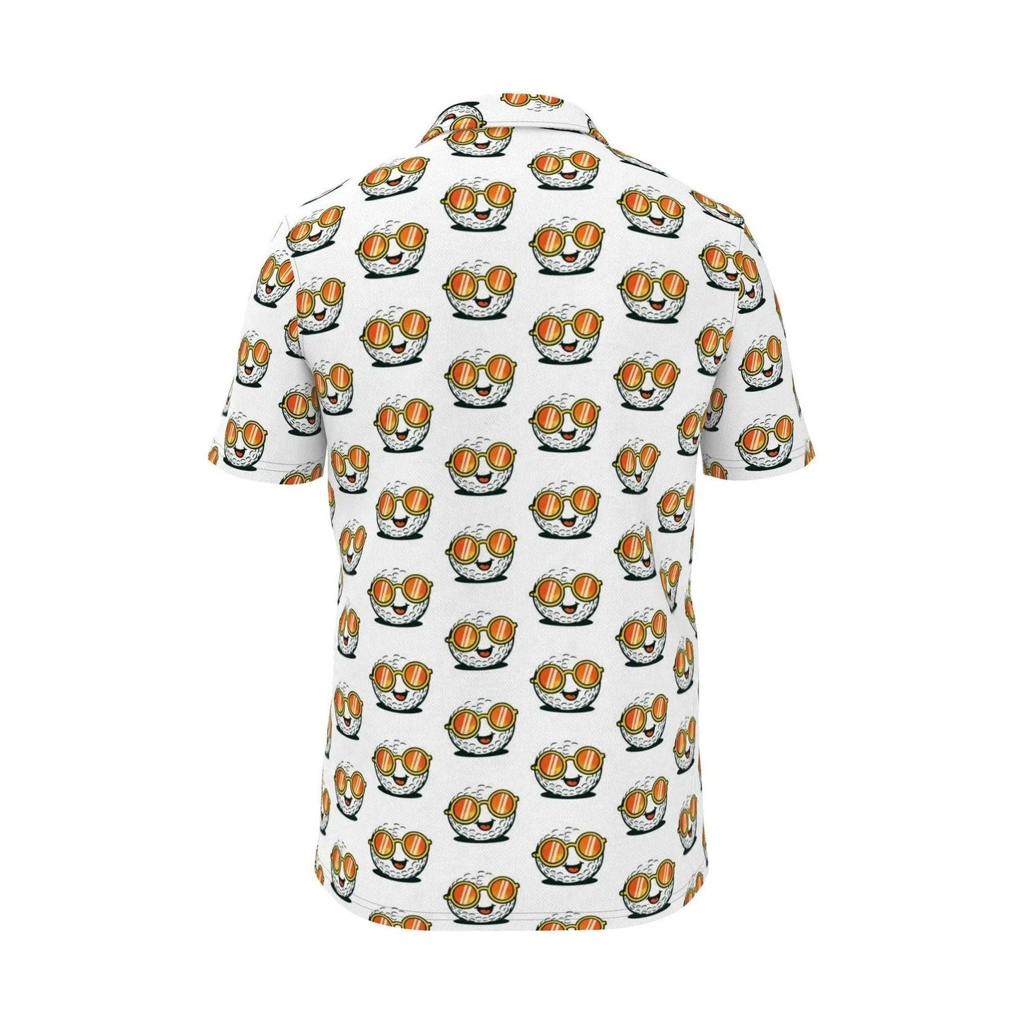 Men's all-over print polo shirt back view featuring smiling golf balls in sunglasses