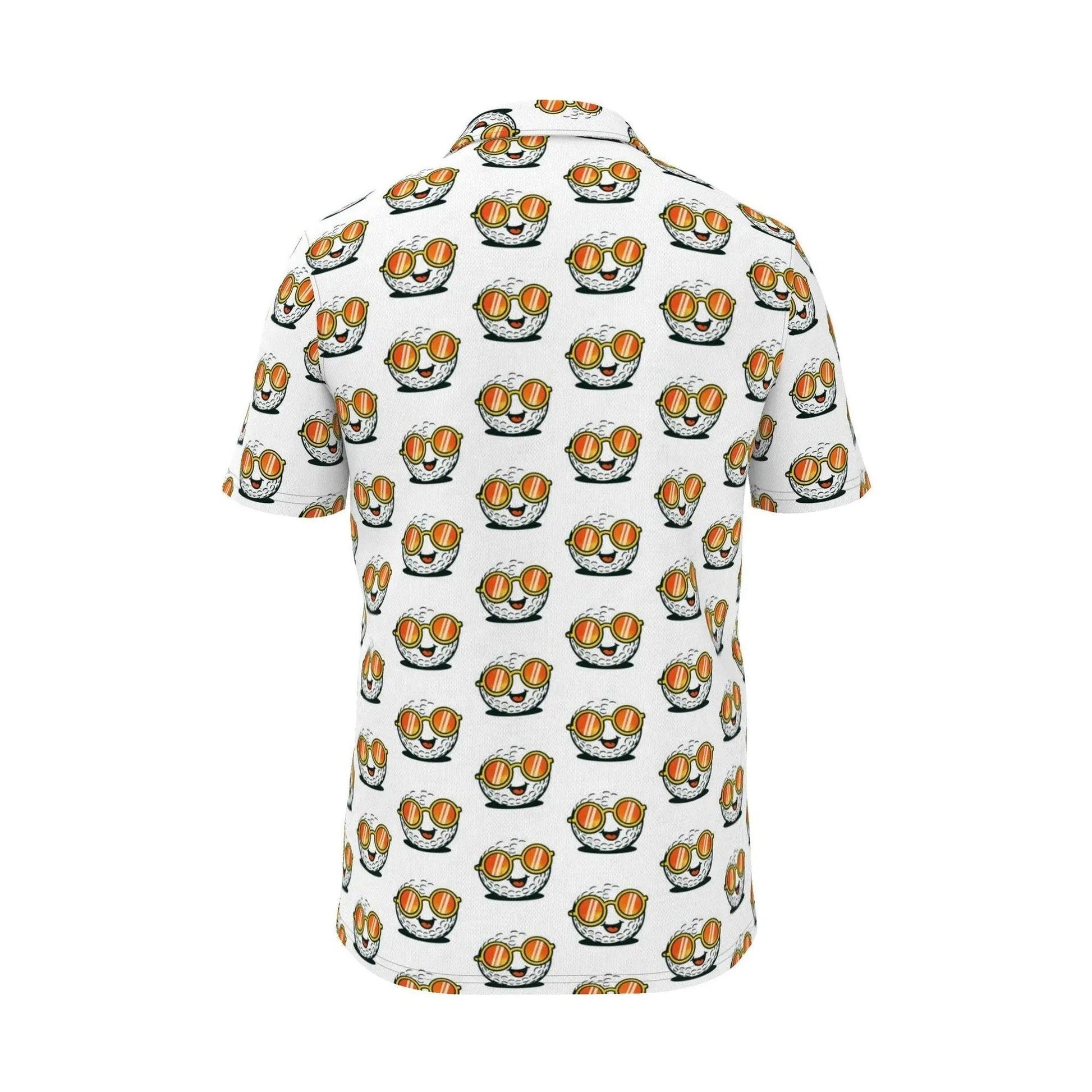Men's all-over print polo shirt back view featuring smiling golf balls in sunglasses