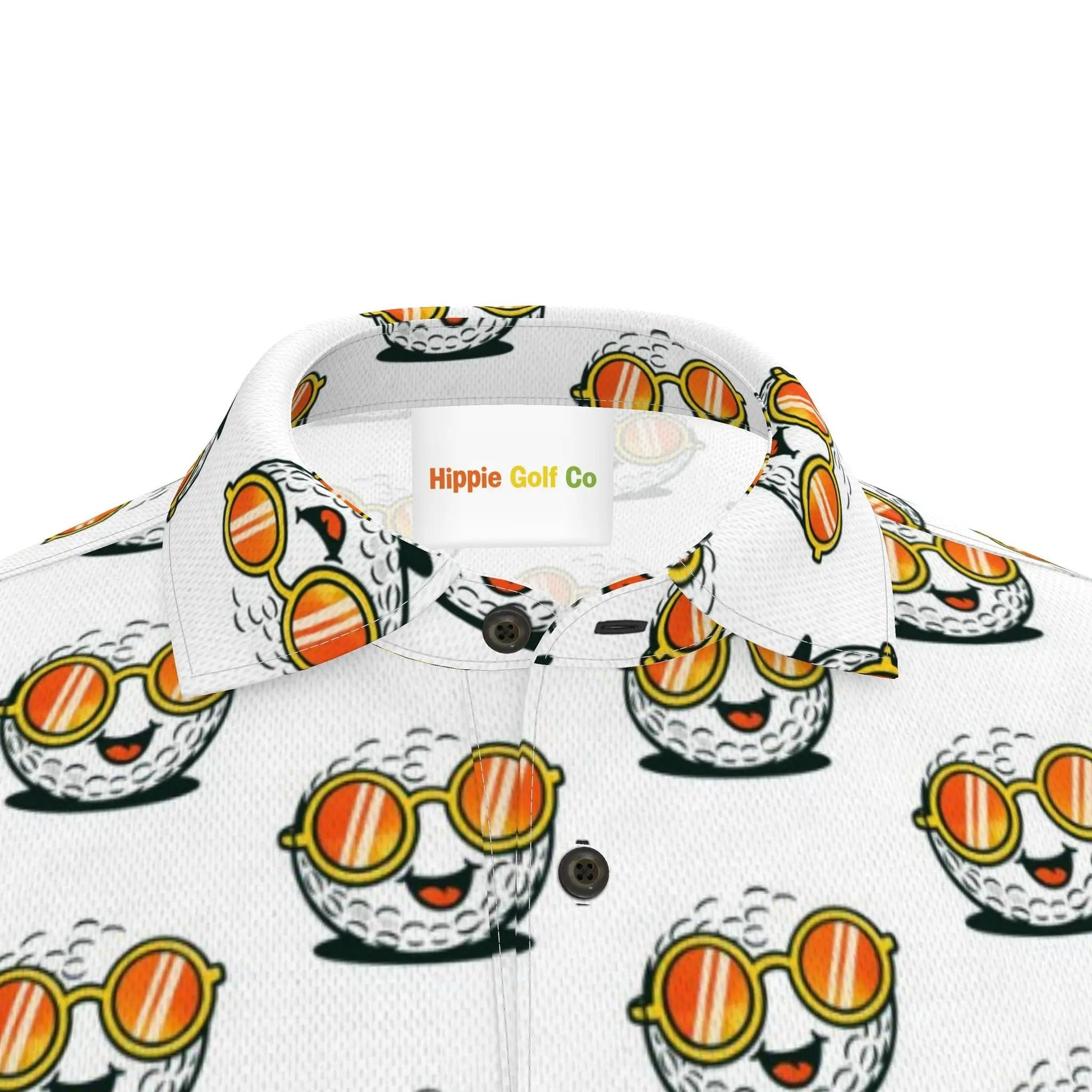 Hippie Golf Co white polo shirt collar detail with cartoon golf ball print and pique knit texture