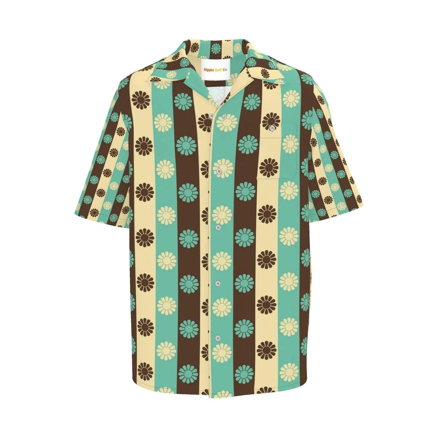 Front view Hippie Golf Co striped floral camp collar shirt with chest pocket