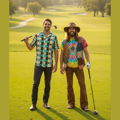 Two men on golf course wearing striped floral button up shirts with open collars