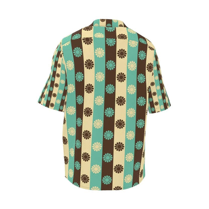 Back view of teal brown cream vertical stripe floral pattern short sleeve shirt