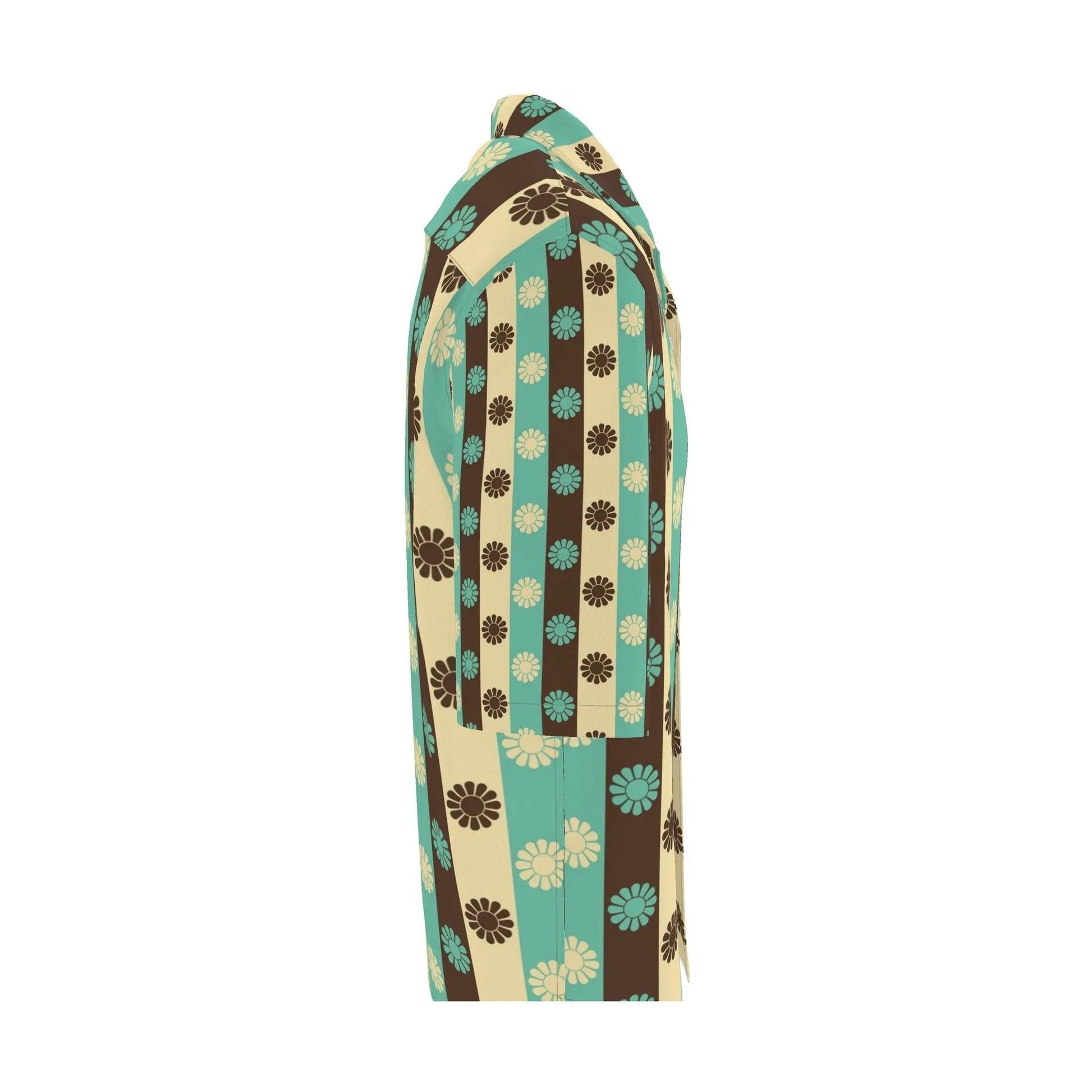 Side view of teal brown cream vertical stripe floral pattern short sleeve shirt