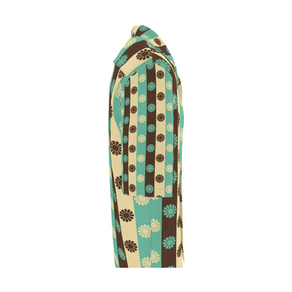 Side view of teal brown cream vertical stripe floral pattern short sleeve shirt