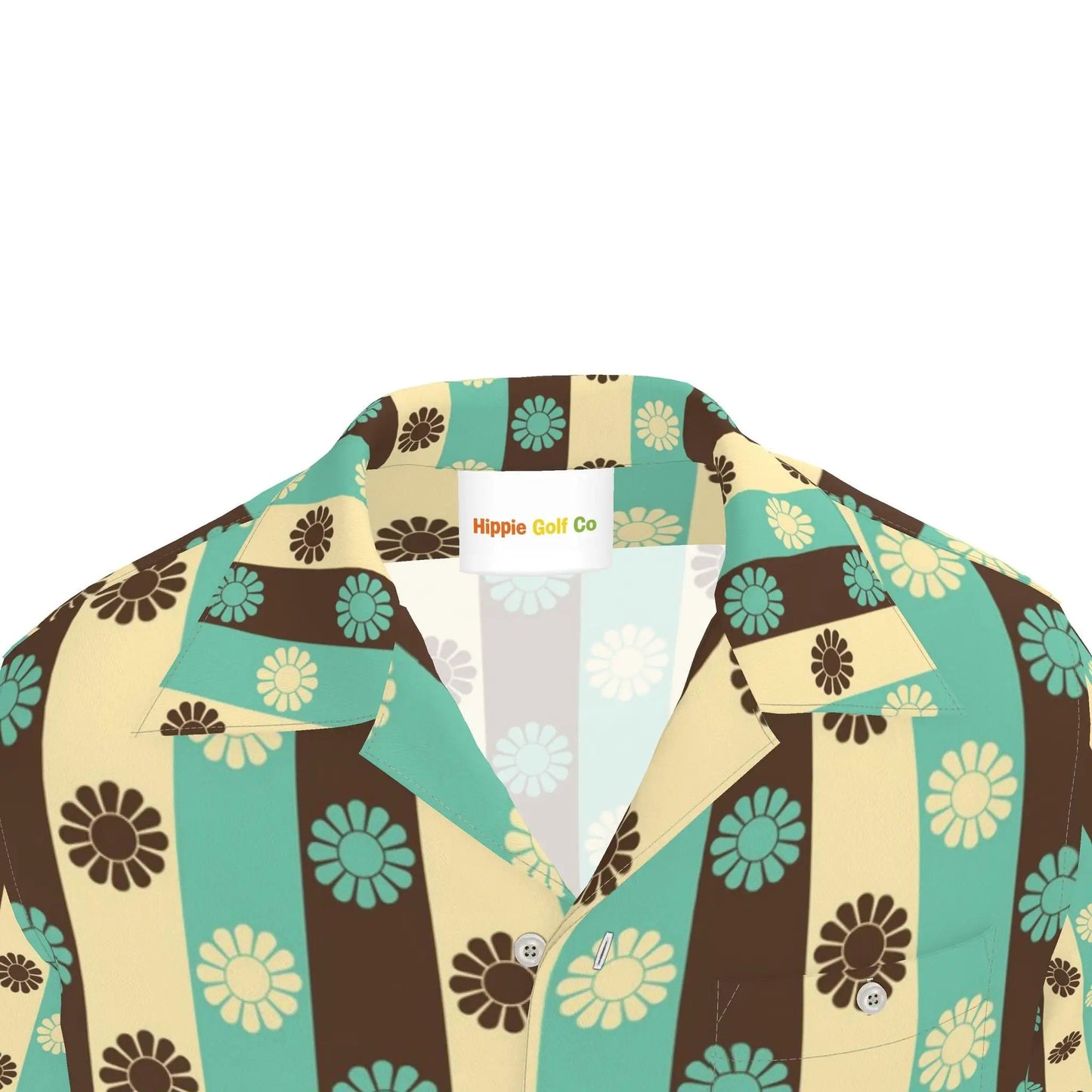 Close up open camp collar and brand tag on teal brown cream floral stripe shirt