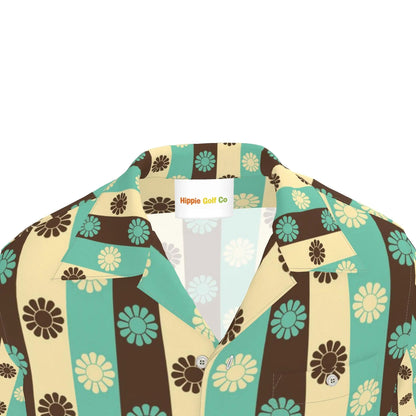Close up open camp collar and brand tag on teal brown cream floral stripe shirt
