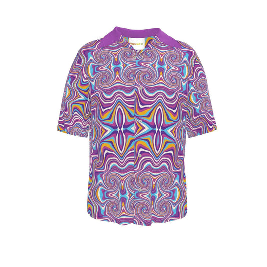 Back view of colorful psychedelic swirl men's casual shirt with purple collar, eco-friendly natural fabric, relaxed fit, SKU: 3089938
