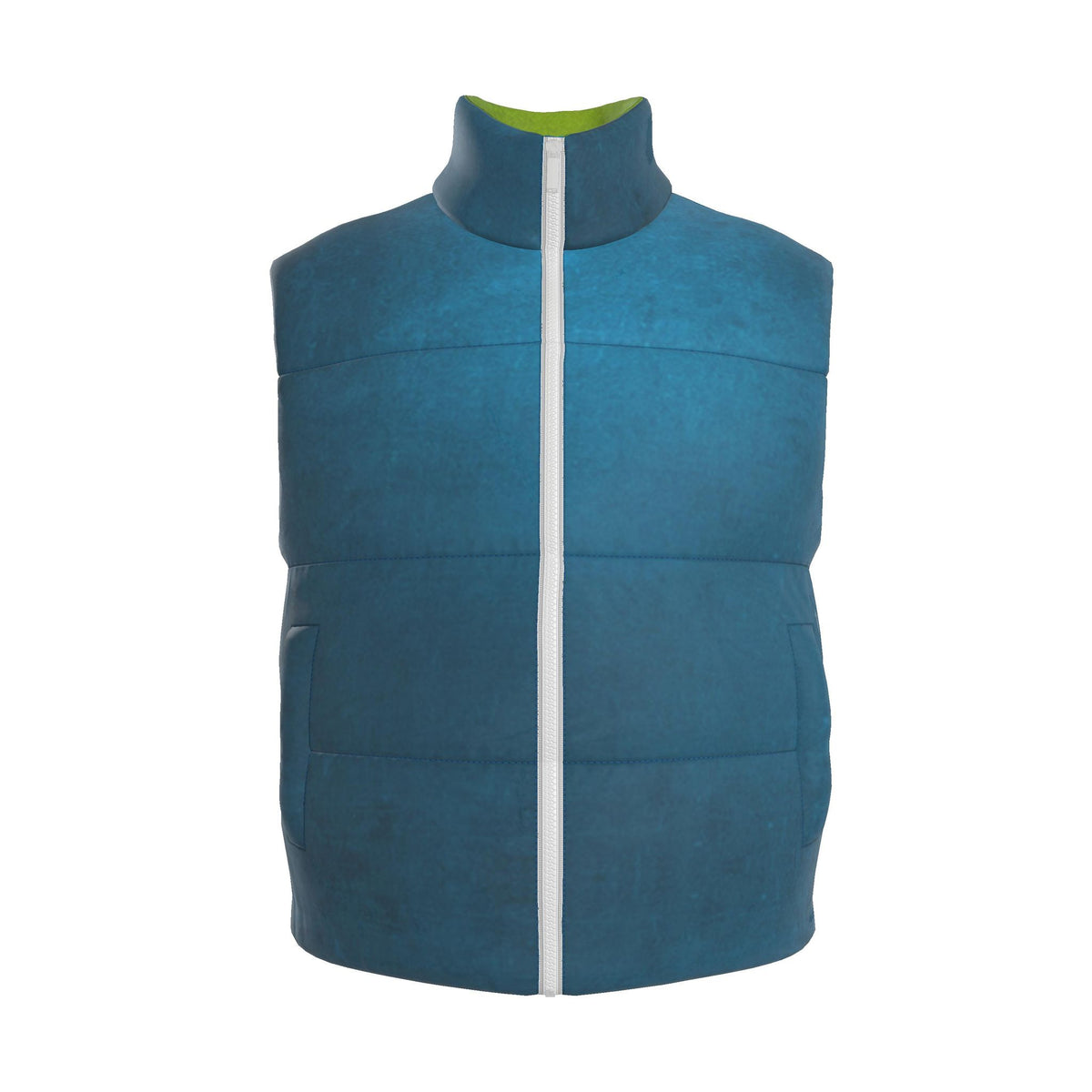 A sleeveless quilted puffer vest in a textured teal blue color, featuring a high stand-up collar with a lime green lining and a white front zipper, shown against a plain white background.