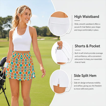 woman on the golf course in a descriptive image card that shows the High Waistband, Shorts w/ Pocket and Side Split Hem details of her Skort. The Skort is vintage orange, yellow and blue circles.