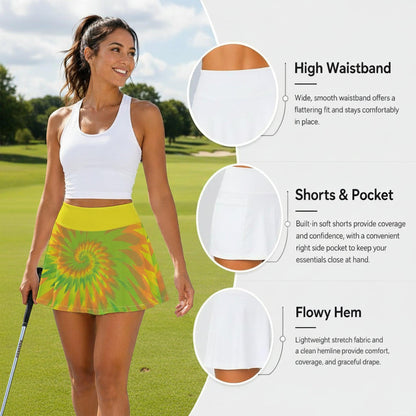 A woman on the golf course wearing a white sports tank top and a bright yellow-green tie dye skirt with a spiral pattern. The image includes three circular detail callouts highlighting the high waistband, shorts with a side pocket, and the flowy hem, with descriptive text on the right.