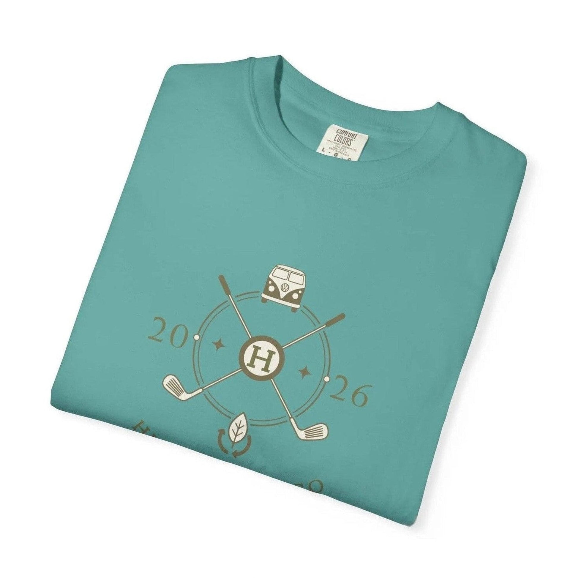 Folded teal unisex Logo Pro T-shirt with vintage van and crossed golf clubs graphic