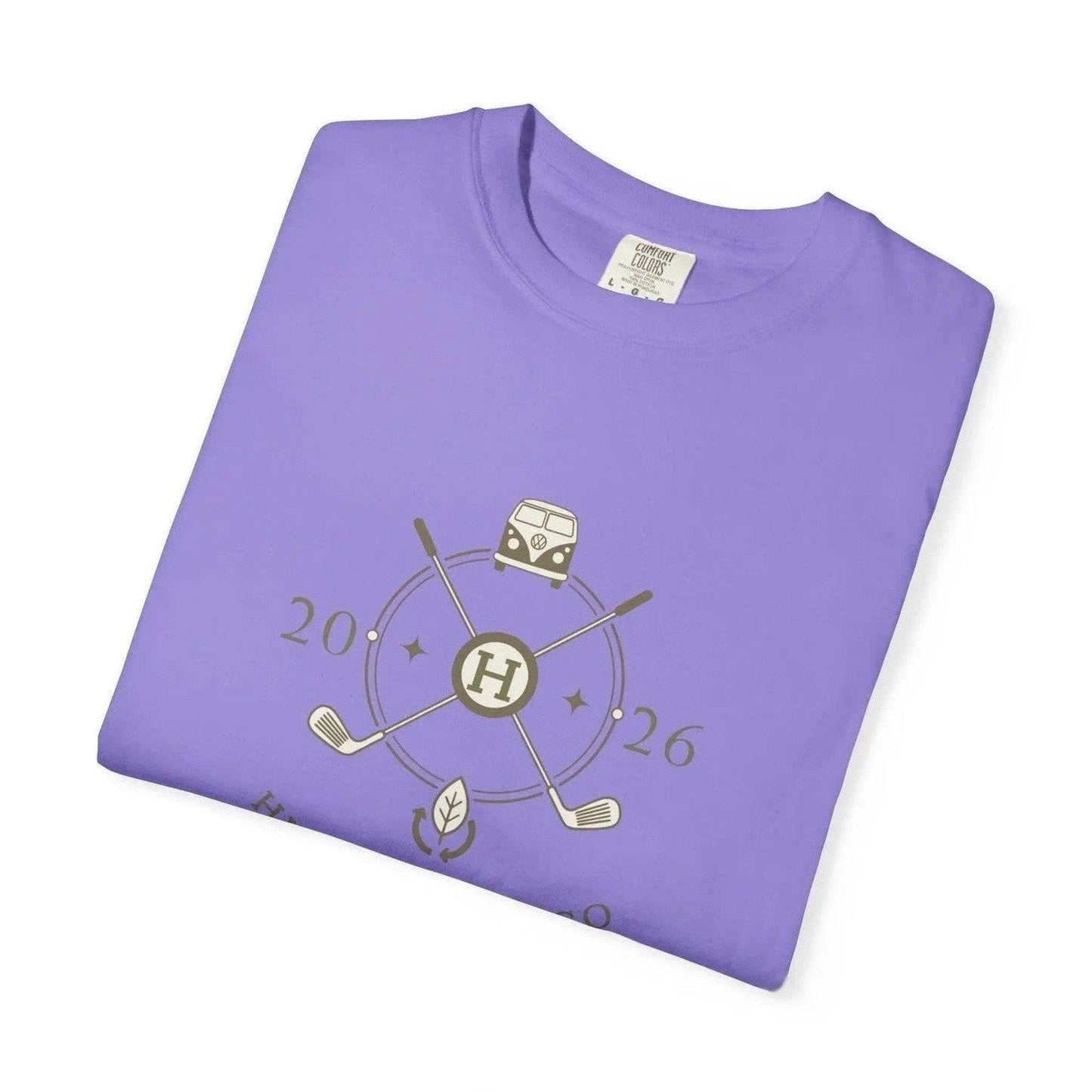 Folded lavender unisex tee with centered vintage van and crossed golf clubs print