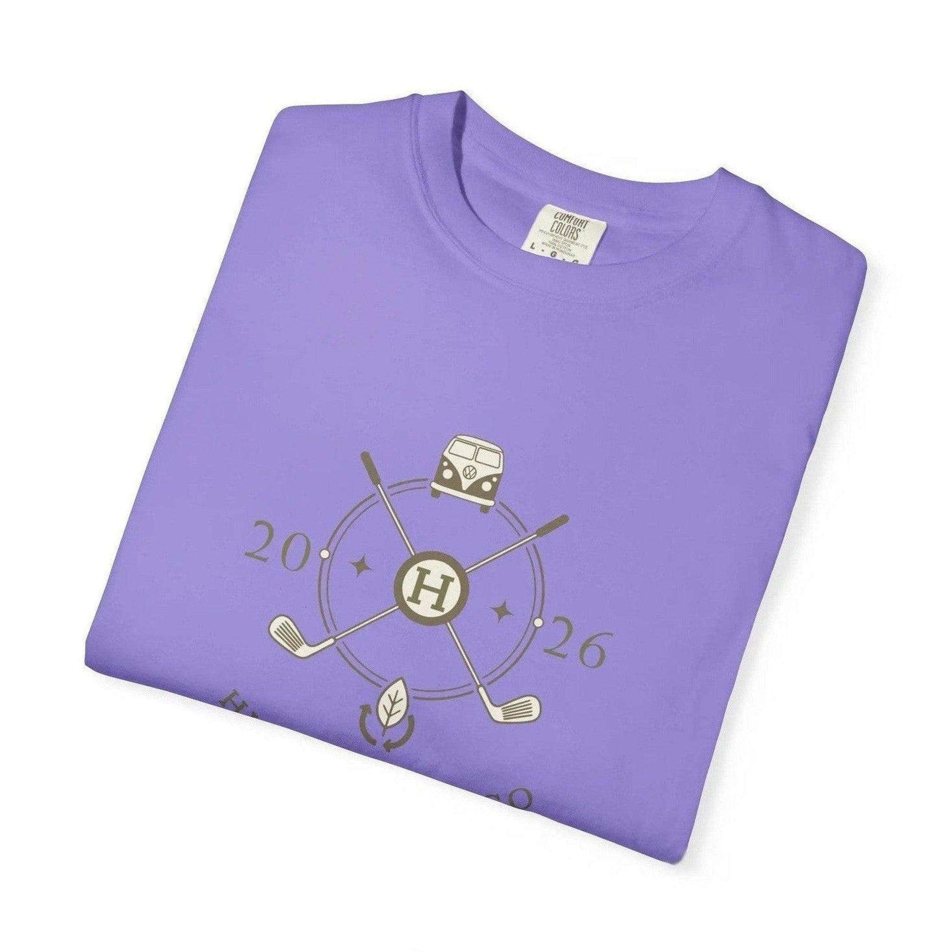 Folded lavender unisex tee with centered vintage van and crossed golf clubs print